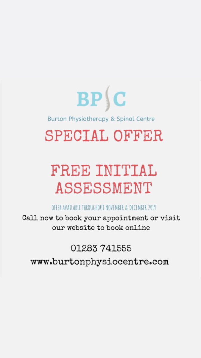 Take advantage of our fantastic special offer of a Free Initial Assessment #burtonupontrent #burtonontrent #burton #burtonphysio #physio #physiotherapy #specialoffer #backpain #neckpain #shoulderpain #rotatorcuffinjury #kneepain #anklesprain #injuryrehab
