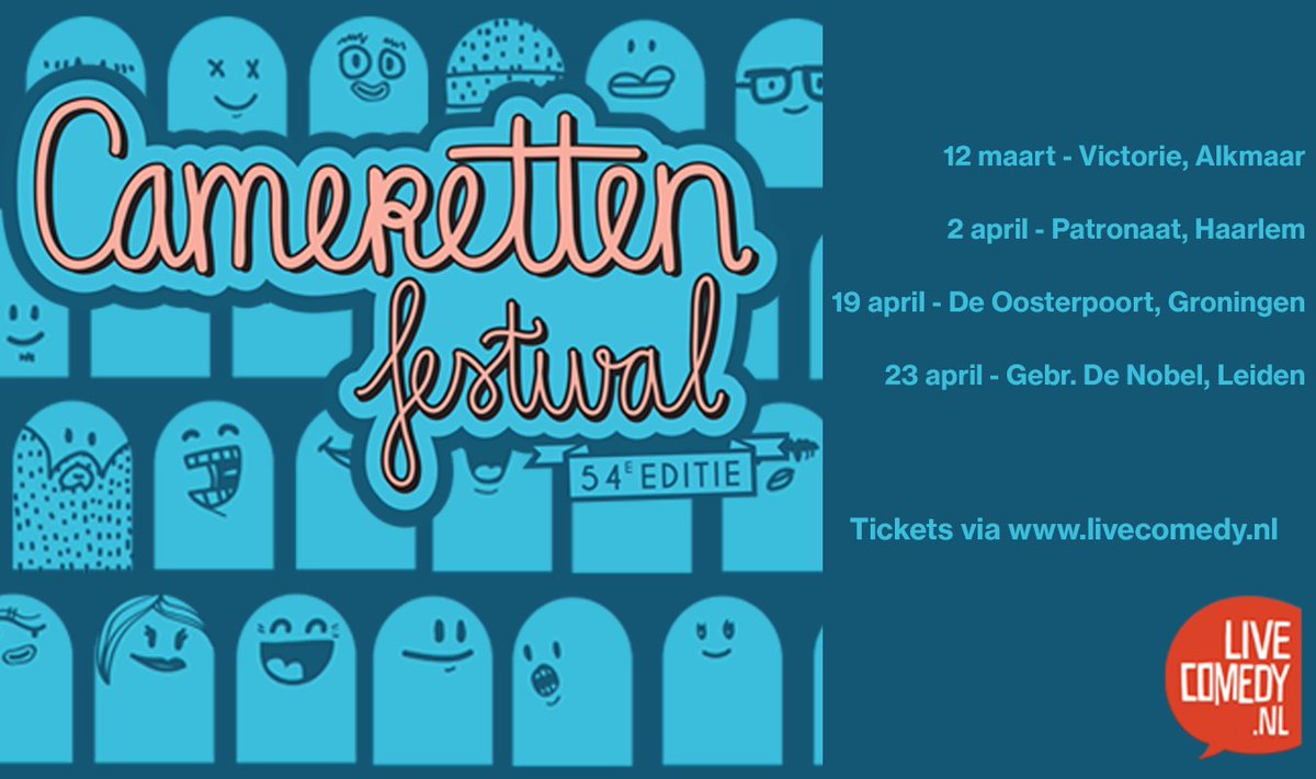 LiveComedyNL's tweet photo. De finalisten van cabaretfestival @CAMERETTEN gaan volgend jaar weer op tour langs de poppodia van Nederland! De kaartverkoop is meteen gestart. 

Check https://t.co/DPk0Ll0WgX voor meer info en tickets! #cameretten #comedy https://t.co/TnwA9Xmyfh