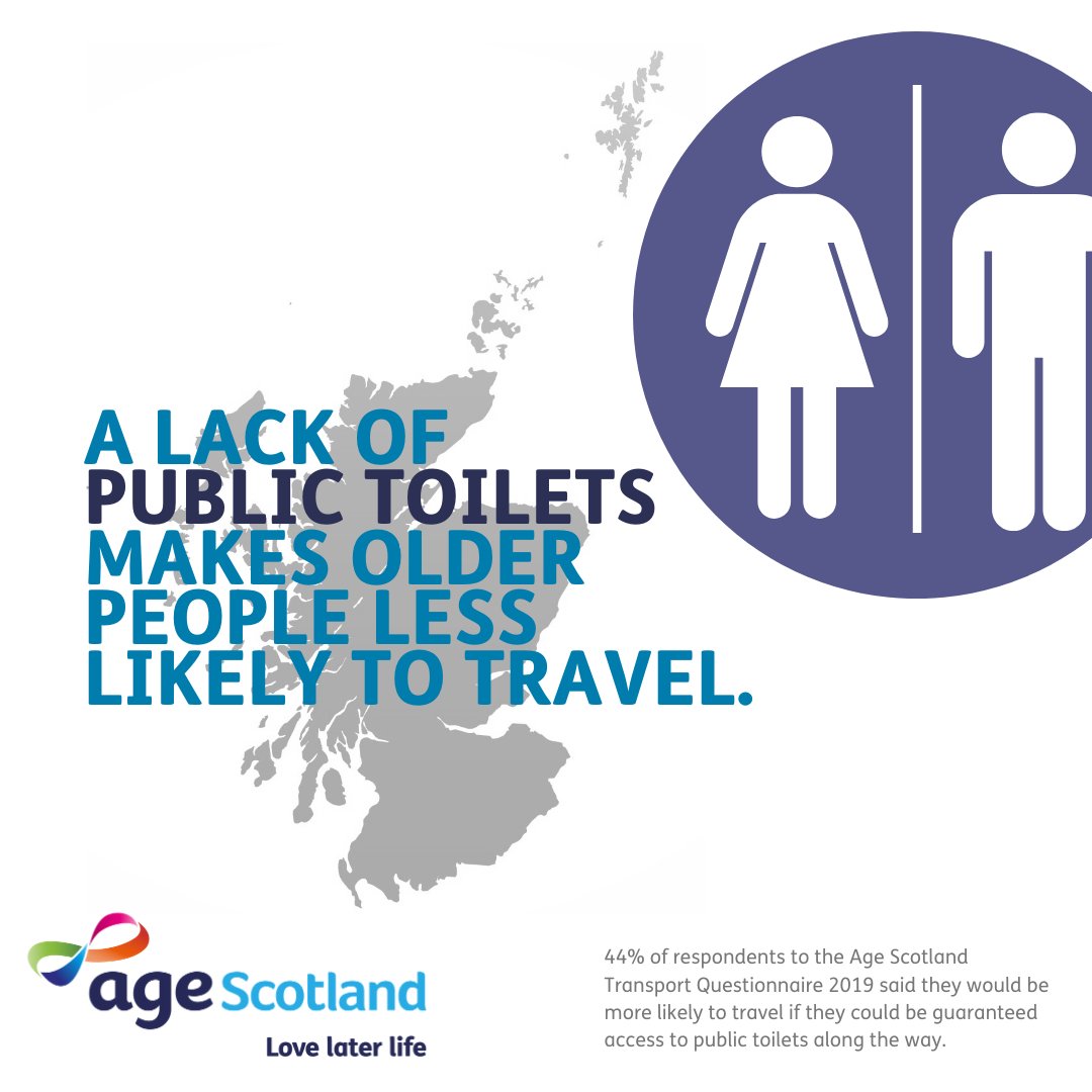agescotland's tweet photo. 44% of older people told us that they are less likely to travel if they can't access toilets on their journey. It's clear that we need more, not fewer, public toilets across Scotland. #transport #NTSReview #EndLoneliness https://t.co/s6NgJR5jQU