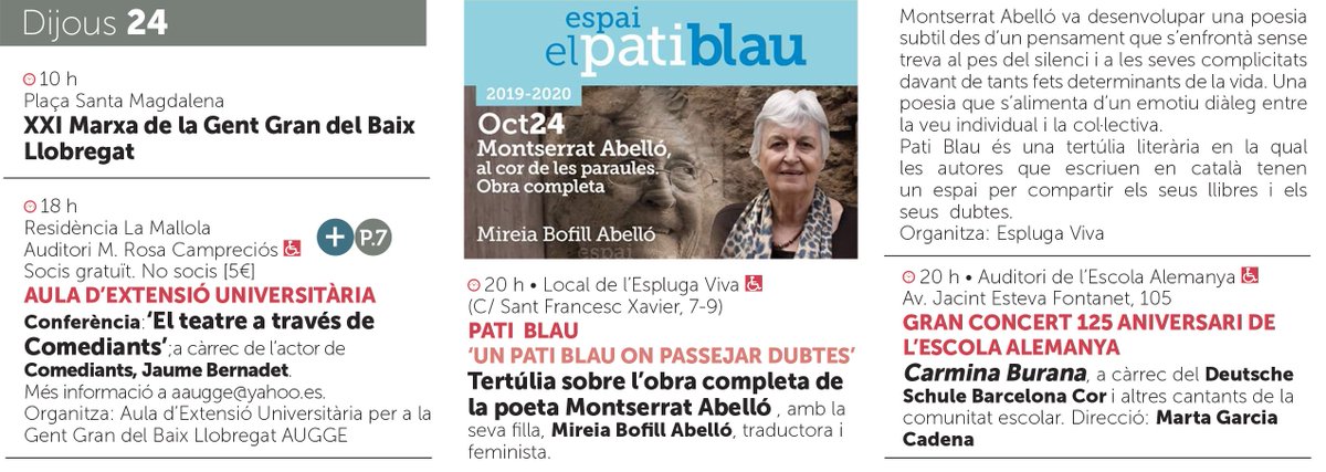 ajesplugues's tweet photo. 📌 Avui, a l'#Agenda d'#Esplugues:
👉 Marxa de la Gent Gran del Baix Llobregat.
👉 Conferència. 'El teatre a través de Comediants'. #AUGGE
👉 Tertúlia sobre l'obra completa de la poeta Montserrat Abelló. @Espluga_Viva
👉 Gran concert de 125 aniversari de l'Escola Alemanya.
⏬ ⏬ https://t.co/eHUfDAELjU