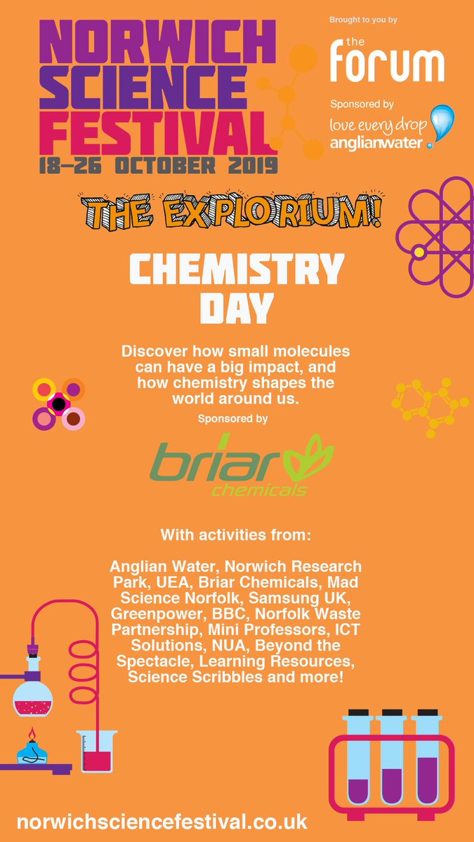 Come along today to The Explorium to discover how small molecules can have a big impact, in our Chemistry Day sponsorsed by <a href="/BriarChemicals/">Briar Chemicals</a>! There's hands-on fun in <a href="/TheForumNorwich/">The Forum Norwich</a> 10am–4pm from <a href="/UEAEvents/">UEA Events</a> <a href="/NorwichResearch/">Norwich Research Park</a> <a href="/BriarChemicals/">Briar Chemicals</a> <a href="/AnglianWater/">Anglian Water</a> <a href="/MiniProfNorwich/">Mini Professors Norwich</a> &amp; more!