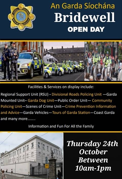 🚓Our Community Gardai at Bridewell <a href="/GardaTraffic/">An Garda Síochána</a> <a href="/gardainfo/">Garda Info</a> are holding an Open Day today Thurs 24th Oct 10am-1pm &amp; all are welcome. 
Tour of the station, plus get to meet the Garda Mounted Unit &amp; their beautiful horses &amp; Garda Dog Unit &amp; more.
Map: bit.ly/2Bya78h