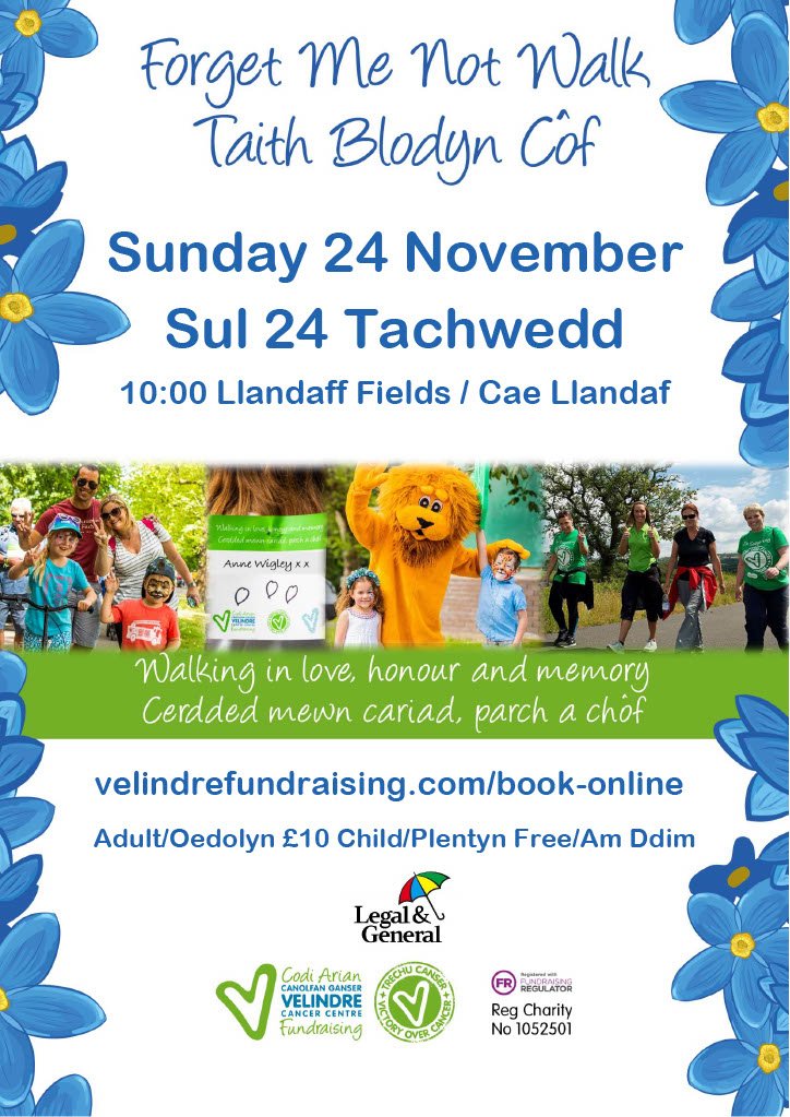 Velindre's tweet photo. Just 3 weeks to go until our #ForgetMeNotWalk begins.
We will be walking in honour of many special people including our beautiful Ambassador, Anne Wigley.
All walkers will receive a free hot drink donated by @BKCardiff_ before the walk.
Sign up now;
https://t.co/S4tRpUPVb2 https://t.co/zb4cYyjsYY