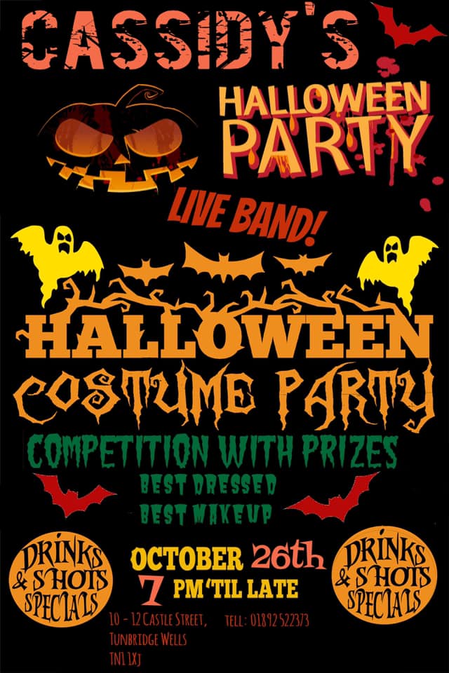 Cassidy’s is throwing a Halloween party this Saturday!

Come join us for a night of fun with amazing drink deals and a LIVE BAND! We will also be serving some pretty cool burgers! 

Their will be prizes for the best dressed and best makeup so come show off your skills!