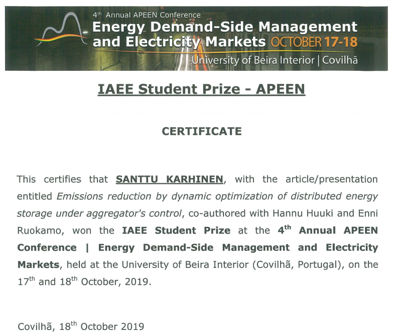 SanttuKarhinen's tweet photo. Well, this was a surprise: Our paper won the International Association for Energy Economics student prize at the APEEN conference. Topic: #emissionreduction with #loadshifting of hot water heating, co-authored by @HuukiHannu & @RuokamoE. @bcdcenergia @SYKEinfo #stillstudent https://t.co/Gfk4ZMlJLR
