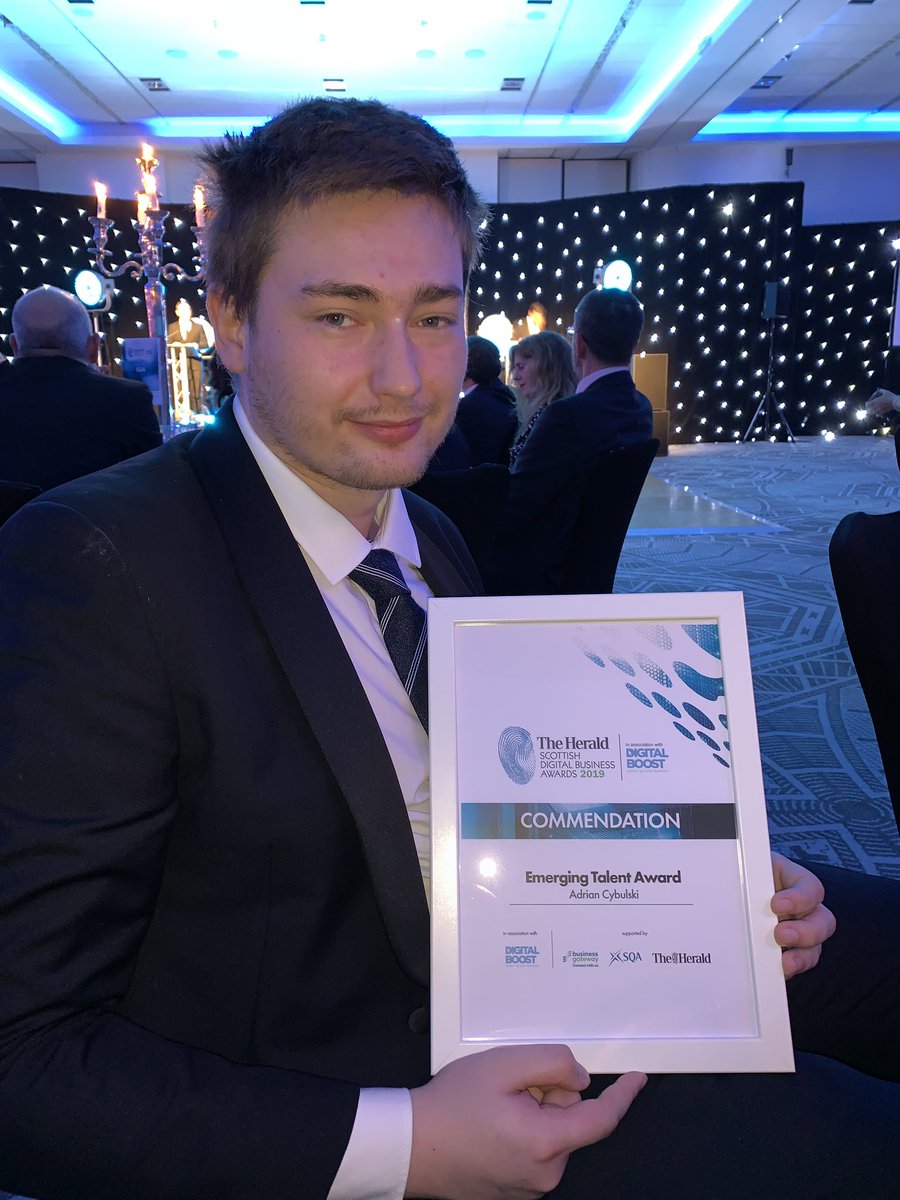 Glasgow_Clyde's tweet image. A massive well done to former student Adrian Cybulski on his special commendation Emerging Talent Award at The Herald Scottish Digital Business Awards 2019! 👏🏻⭐️🏆 #DigiBiz #emergingtalent #proud @worldskillsuk @WorldSkillsUKSc