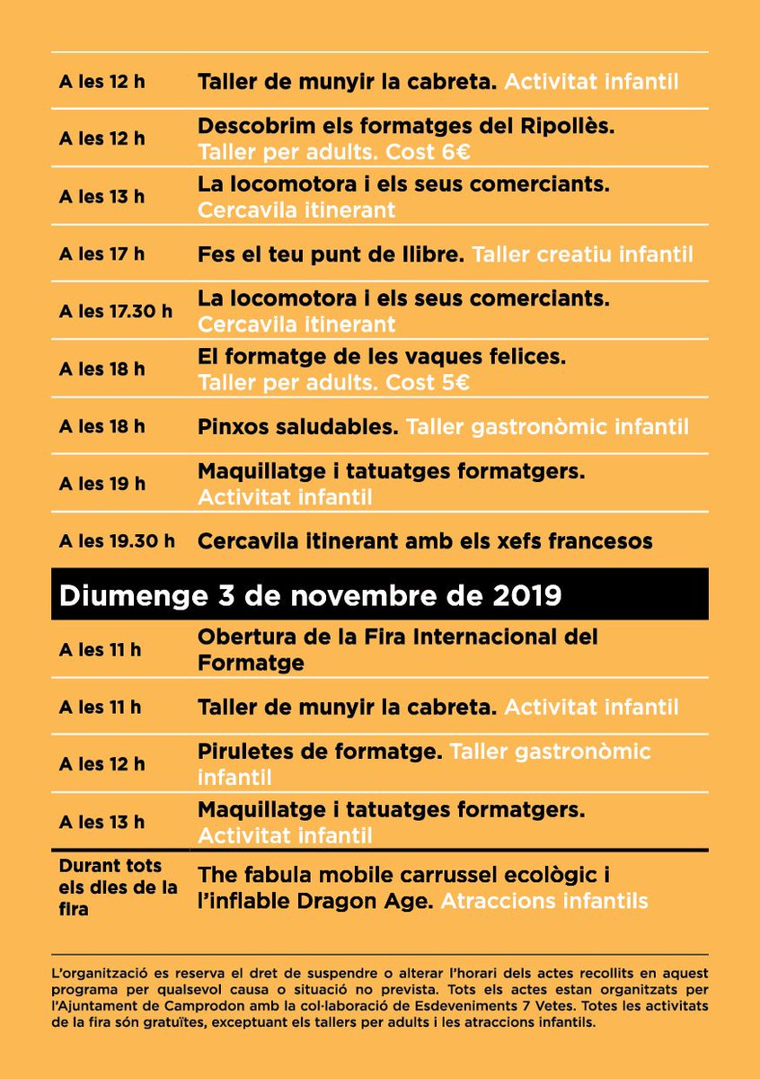 Ja tenim aquí la programació de la Fira de #Formatge de #Camprodon!!! 😍🧀 Animació itinerant pels carrers de Camprodon, tallers creatius infantils, mercat de formatges, atraccions infantils, activitats infantils i tallers per adults! 😄🤗#valldecamprodon #Formatges #firaformatge