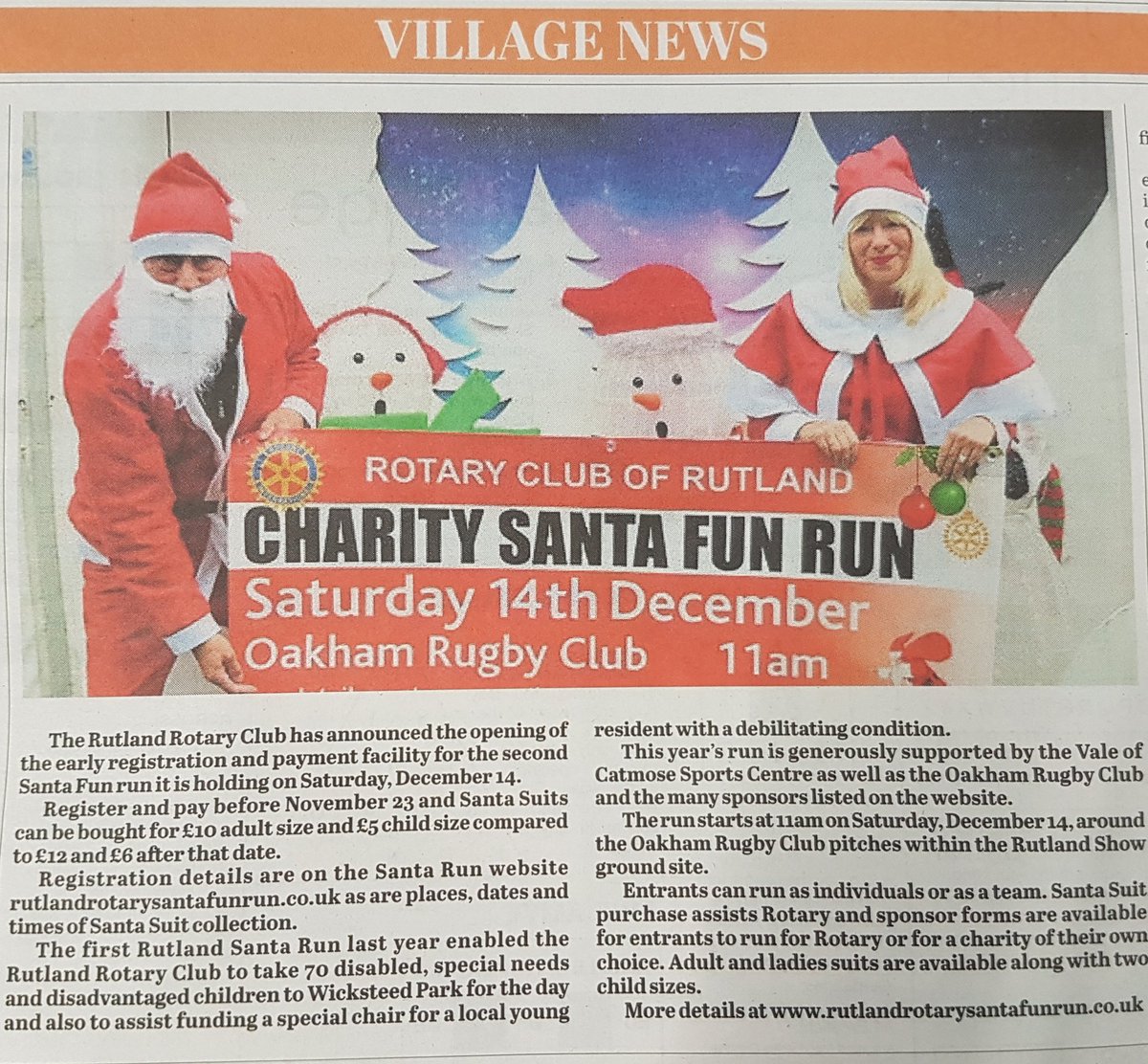 Thank you to @therutlandtimes for your section in your paper (Thu 24th Oct 2019) for our charity Santa Fun Run 14th Dec 2019 at the Oakham rugby club 11am @RotaryGBI @rutlandcouncil @oakhamnubnews @RutlandPolice @oafvbc @OakhamRFC @RutlandLL @rutlandhighshe1