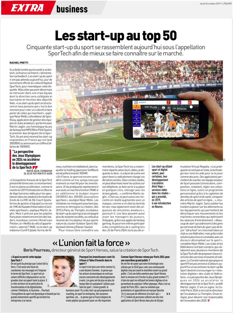 SportHeroes's tweet photo. Le collectif #SporTech est né 🙌
📰Retrouvez l'article dans @lequipe du jour 

💬"La France dispose de vraies pépites qui peuvent jouer un rôle important" @borispourreau 

➡️https://t.co/ajvm7TS7vg https://t.co/e5EeI1ZHzU