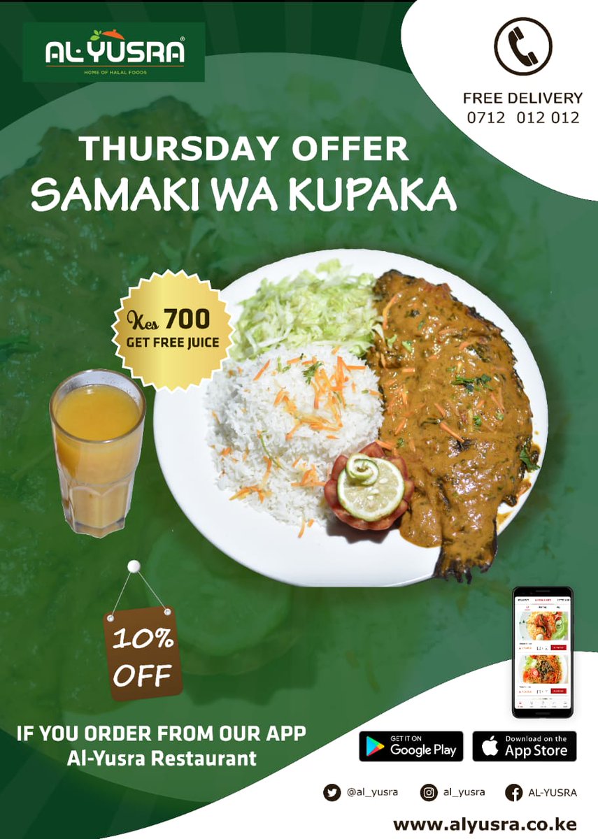 al_yusra's tweet photo. Enjoy some amazing swahili dish this Thursday at Al Yusra Restaurant.
For delivery, call: 0712 012 012
#thursdayvibes #ThursdayOffer #SamakiWaKupaka #AlYusraRestaurant #HomeOfHalalFoods https://t.co/8oEhO1CT3j