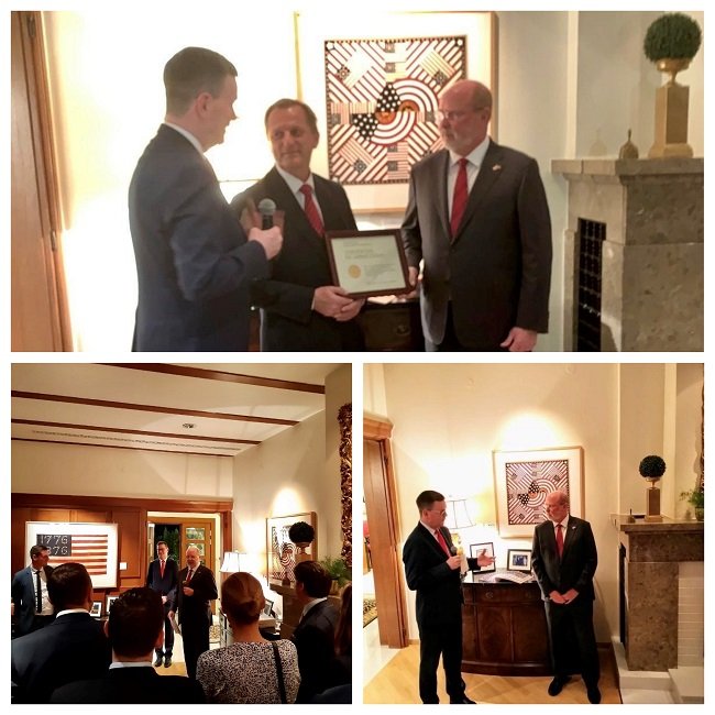 Export2Europe's tweet photo. #Export2Europe Senior Management Team was in #Zagreb and met w/ the Croatian gov and local #USbiz.  At @USAmbCroatia reception, Head of CS Europe Michael Lally presented a Certificate of Appreciation to Damjan Bencic of our @USEmbZagreb office for his leadership and hospitality https://t.co/WHMEn7KRWK