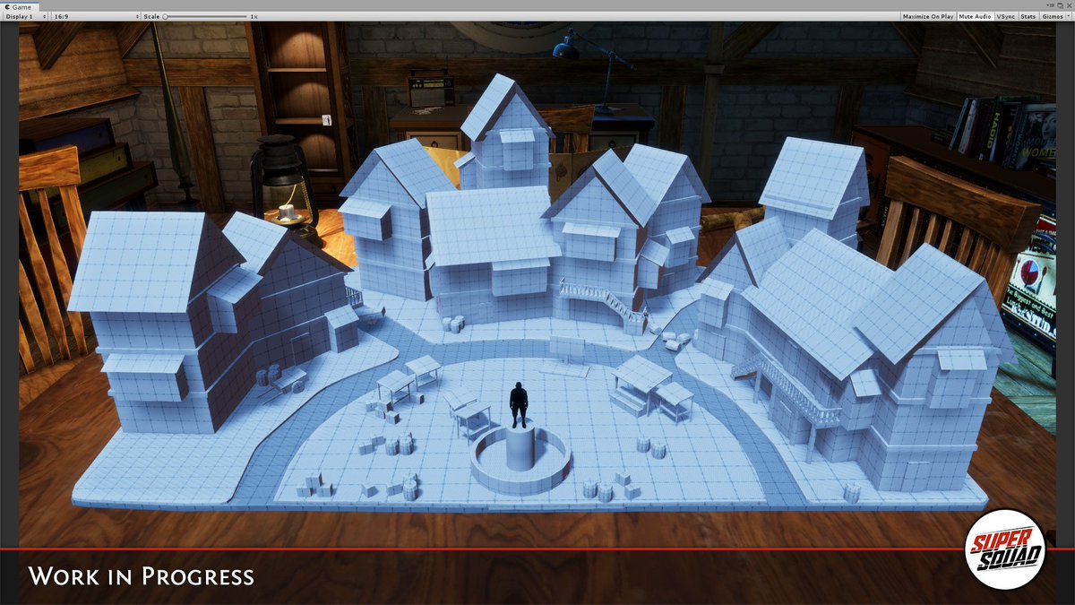 Blockout of a large public square, with a statue in the middle, surrounded by a few stands and tall buildings.