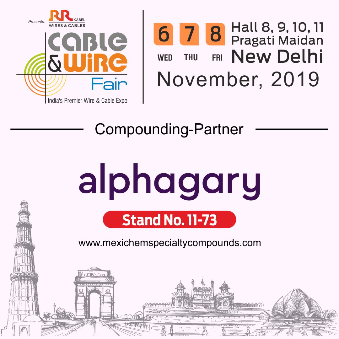 tulip3pmedia's tweet photo. #Alphagary (previously known as (#MexichemSpecialtyCompounds), the #CompoundingPartner of Cable & Wire Fair 2019 will interact with the visitors at Hall-11, Stand No.73 at Pragati Maidan. Visit them to get information on #polymercompound solutions. https://t.co/WrKSXS1dWi