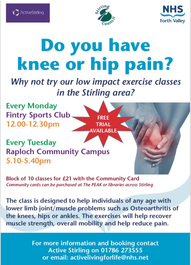 Do you have sore knees or hips and want to improve your leg strength? Come along to one of our new classes in the Stirling area👇 Improved strength often leads to reduced pain! @activestirling1 @StirlingCouncil