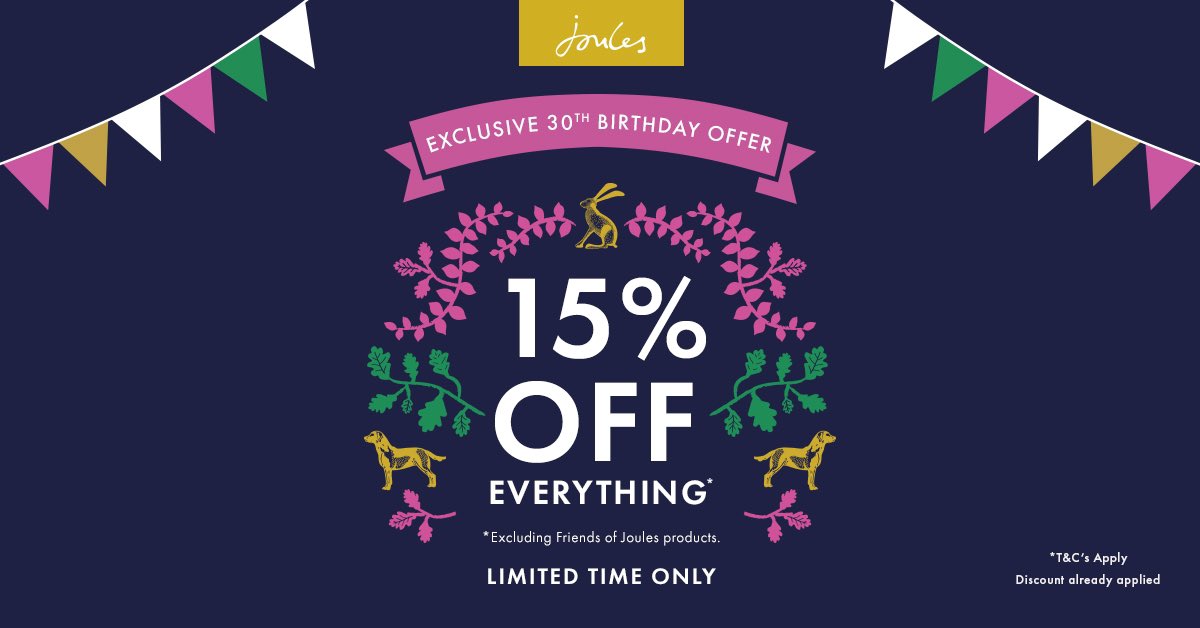 JoulesSwindon's tweet photo. 15% off EVERYTHING!!!!                                                        ⚠️ Be quick 5 days only!!!! ⚠️ 
We’re celebrating our 30th birthday with this exclusive offer 🤩 🥳 🎈 🎉😍 https://t.co/Y08cR9QXyt