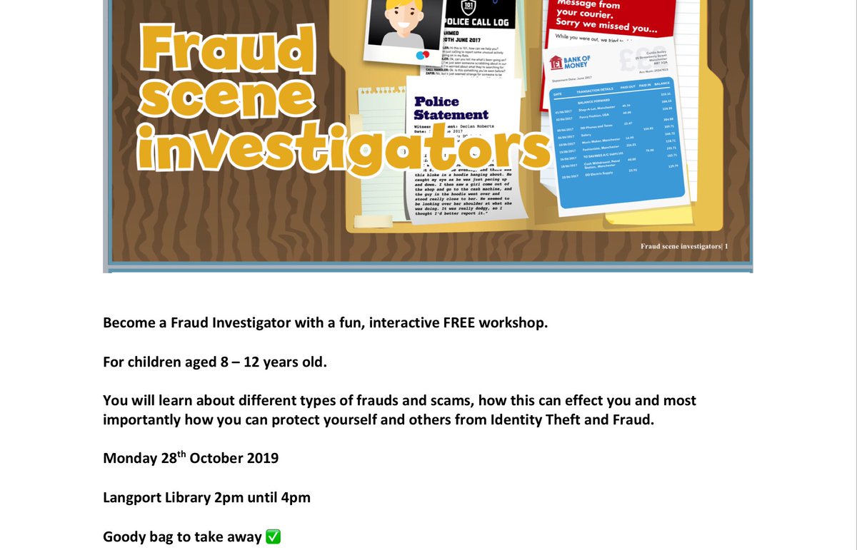 TrudiHender364's tweet image. Half term is upon us , I will be running the following Workshop in #langportlibrary . Each of these will be for 8-12 year olds and they will become Fraud Investigators...picking up invaluable tips along the ways. We’ll also look at secure passwords. #scamaware #SomersetLib