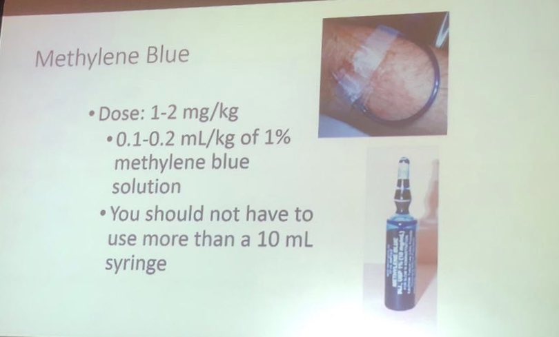 Methylene Blue: Not just for Methemoglobinemia
Dose &amp; safety trick 
Dr.Sage Wiener
<a href="/wacemuae/">wacemuae</a> 
#wacem2019 
#wacemuae