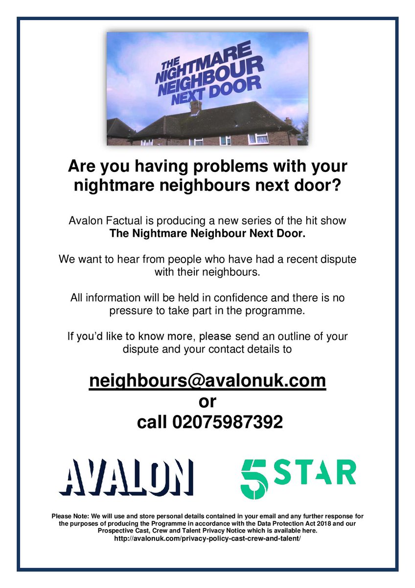 NeighbourIssues's tweet photo. @brownmariannes @streetscape33 @Airbnb Avalon Factual is producing a new series of the hit show 
The Nightmare Neighbour Next Door. We want to hear from people who have had a recent neighbourhood issues. https://t.co/lHmXa1odDw