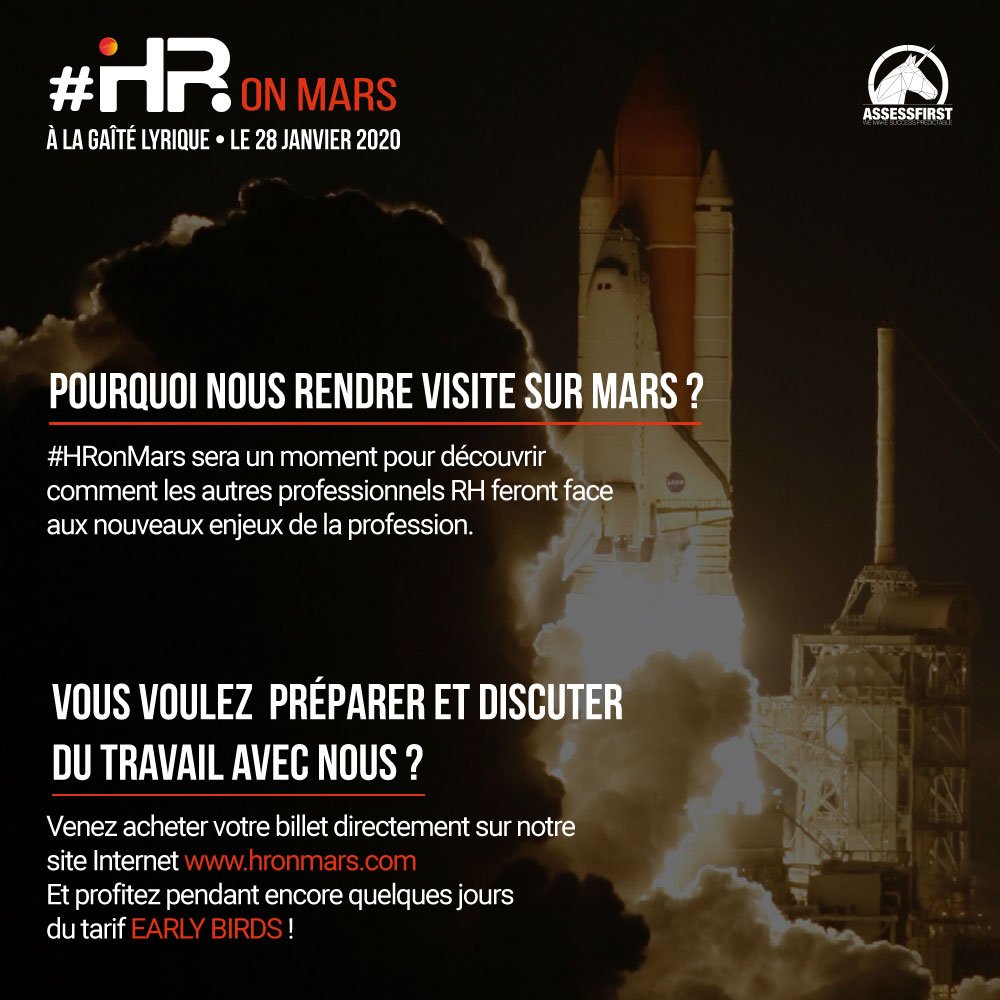AssessFirst's tweet photo. Venez découvrir le futur du #recrutement pendant notre évènement #HRonMars en Janvier 2020 ! ☄️
Les billets au tarif Early Bird sont encore disponibles quelques jours ! 🐣
https://t.co/eXzz75uFTE
#AssessFirst #HR #recruitment #paris #rh https://t.co/186koWoaD3