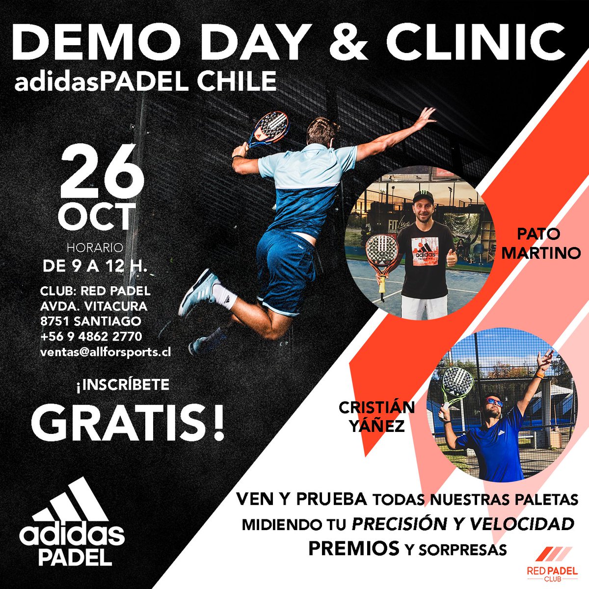 Desde España te invitamos a ser parte del evento que @adidaspadel_cl organiza. No te pierdas el Demo Da y Clinic con Pato Martino (Entrenador y jugador del team adidas y Cristián Yáñez, entrenador de @adidas_padel y profesor en Balthus).