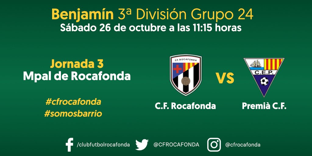 CFROCAFONDA's tweet photo. Benjamín - Jornada 3
📅 26 de Octubre
⚽️ @CFROCAFONDA Vs @cepremiademar 
🏟️ Mpal de Rocafonda
🕑 11:15 horas
Mucha suerte👍😉 https://t.co/FT4tcHDFZn