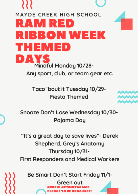 RamStuCo's tweet photo. Hey Rams! Get ready for Ram Red Ribbon Week #RRRW where we know that #itsnotagame. We've put together some fun dress up days and activities to spread awareness on drug and alcohol abuse. @R_EdwardsMCHS @MCHS_Rams @maydecreek2020 @MaydeCreek2021 @MaydeCreek2022 @mchscrandall https://t.co/3c0sYaAgnD