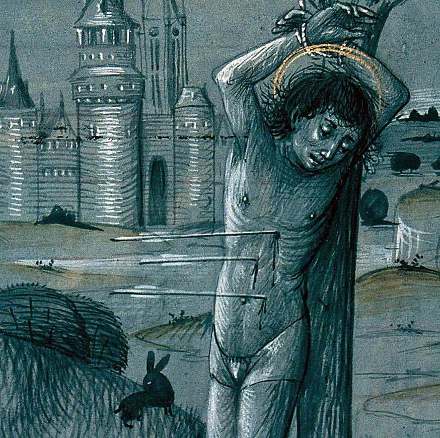 Shadowy bunny watches a saint die!(Mâcon, Bibliothèque municipale, MS 3, f. 160v)  #MedievalTwitter