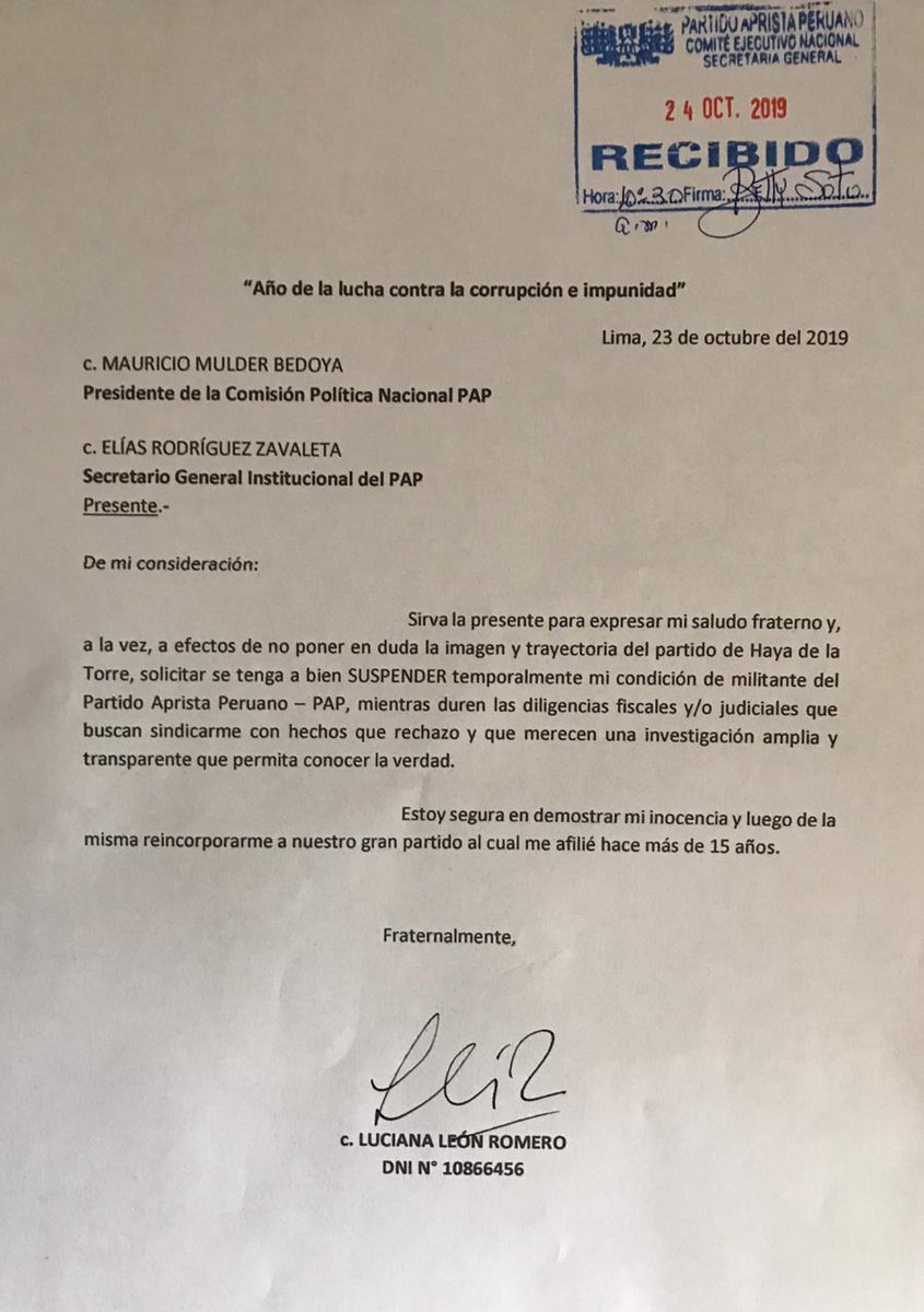 He solicitado al <a href="/APRA_Oficial/">APRA Oficial</a> la suspensión de mi militancia partidaria, mientras duren las diligencias fiscales y/o judiciales que buscan sindicarme con hechos que rechazo y que merecen una investigación amplia y transparente que permita conocer la verdad.
