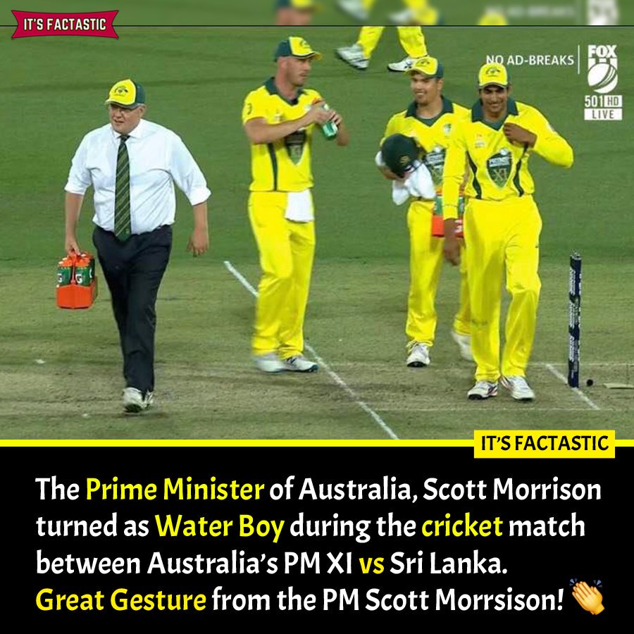itsfactastic's tweet photo. The Prime Minister of Australia, Scott Morrison turned as Water Boy during the cricket match between Australia's PM XI vs Sri Lanka.๐
Great Gesture by PM Scott Morrison.๐โค๏ธ๐
.
-
#PMXIvSL #Cricketlovers #Gesture #ScottMorrison #ItsFactastic https://t.co/Q7XgR5o4fC