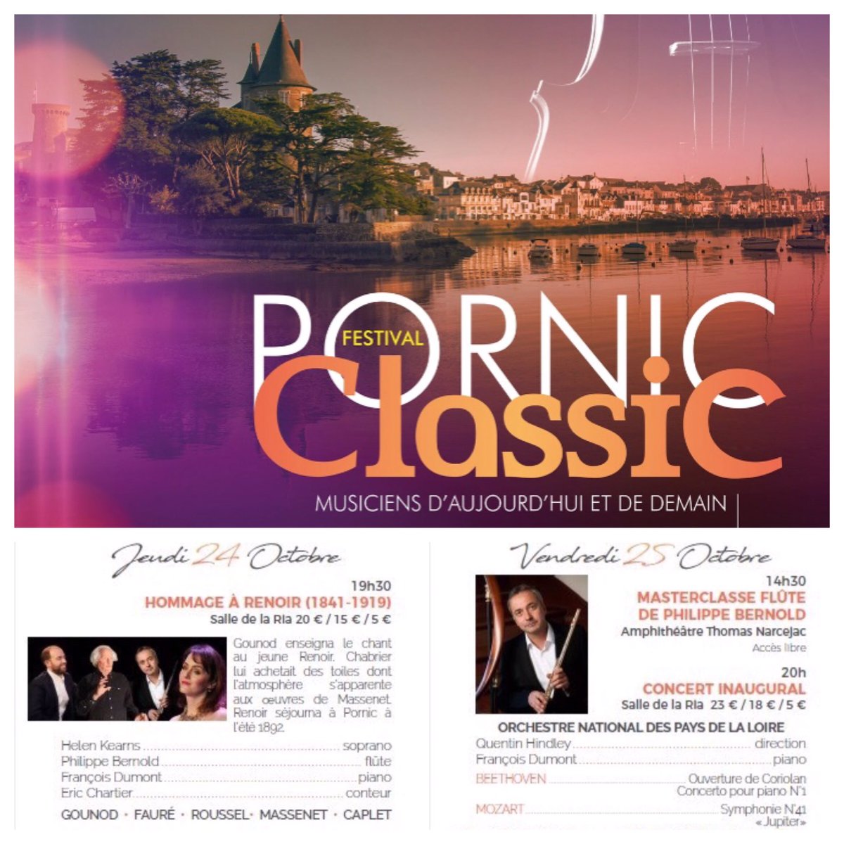 fdumontpiano's tweet photo. Le festival  @PornicClassic démarre ce soir !
• 24/10 > « Renoir à Pornic », avec Philippe Bernold, flûte - @HSOPKEARNS , soprano - Eric Chartier, récitant
• 25/10 > avec l'Orchestre National des Pays de Loire
+ @RCapucon @QModigliani 
👉🏻 https://t.co/ARJ81mqyU2 https://t.co/9Zg9EE6jQG