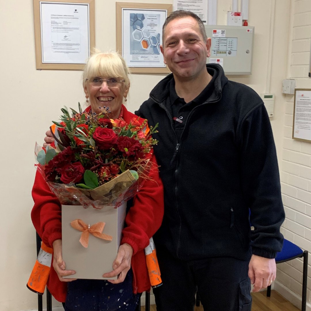 Today the team said Congratulations on your retirement &amp; Goodbye to Lana Bishop!

Here she is earlier today with Production Manager Mark Wisbey.

Read more about this by clicking here: soo.nr/Zgll

#anglohq #production #adhesives #imstickingwithyoucauseimmadeoutofglue