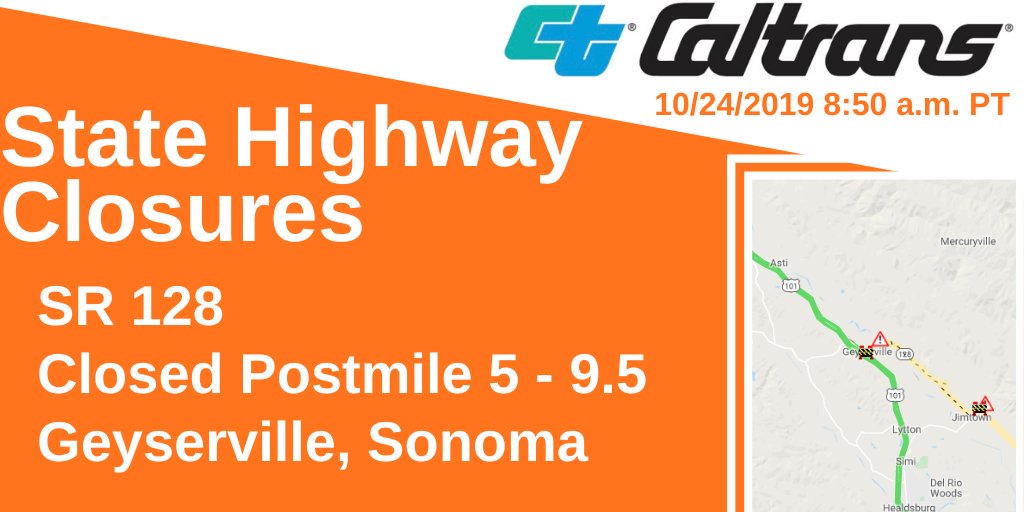 CaltransHQ's tweet photo. STATE HIGHWAY CLOSURE 10/24 8:50 a.m. PT

State Route 128 between Geyserville and Jimtown is closed due to the #KincadeFire

Evacuations ordered.

https://t.co/WvicXhSbxn is one of many resources available for updates.

CC: @CAL_FIRE, @Cal_OES, @CountyofSonoma, @sonomasheriff https://t.co/m9HUOKwZWn
