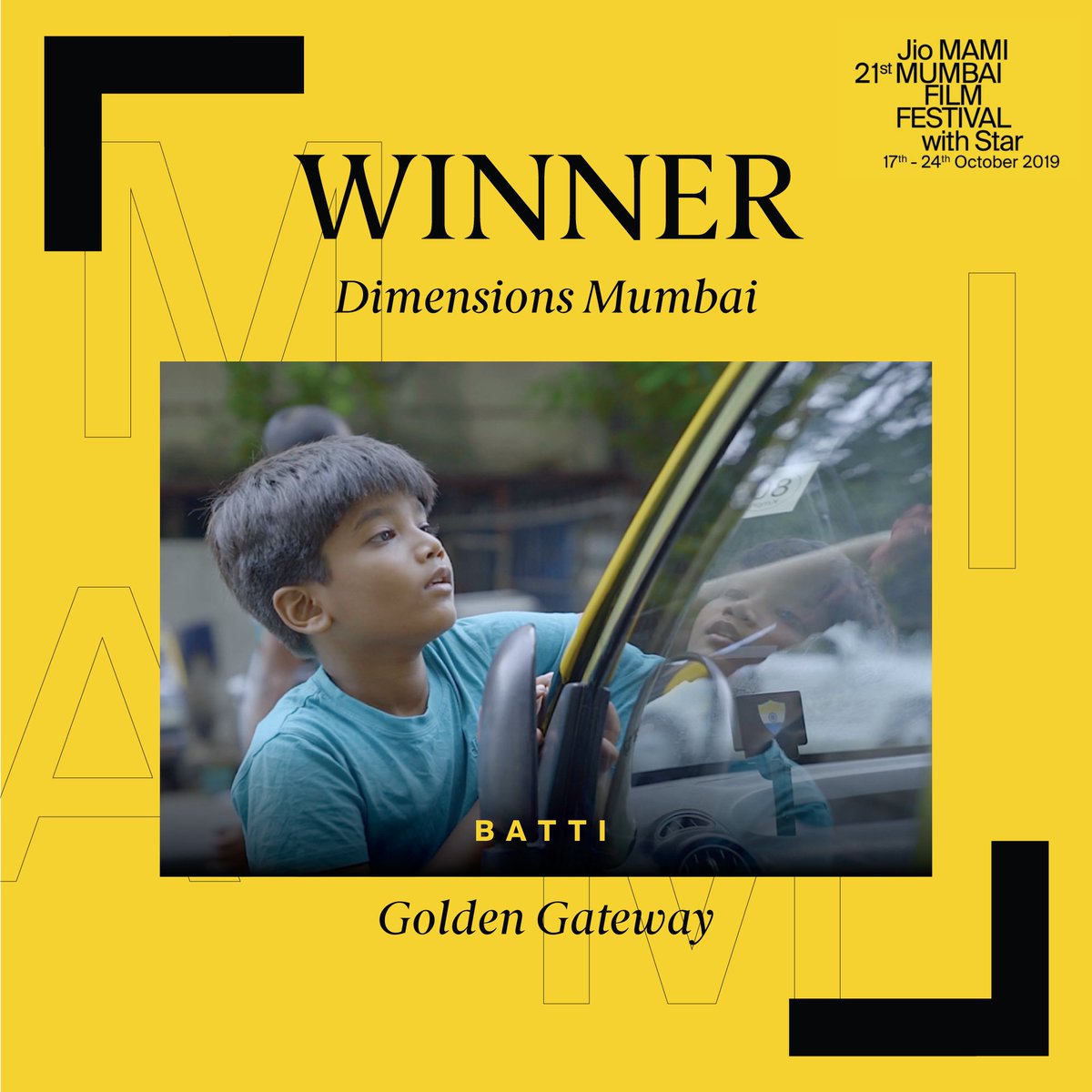 MumbaiFilmFest's tweet photo. And the Dimensions Golden Gateway goes to #AkshaySarjeraoDanavale’s Batti. #JioMAMIiwithStar2019 #Batti #DimensionsMumbai https://t.co/OcZoSktV1H