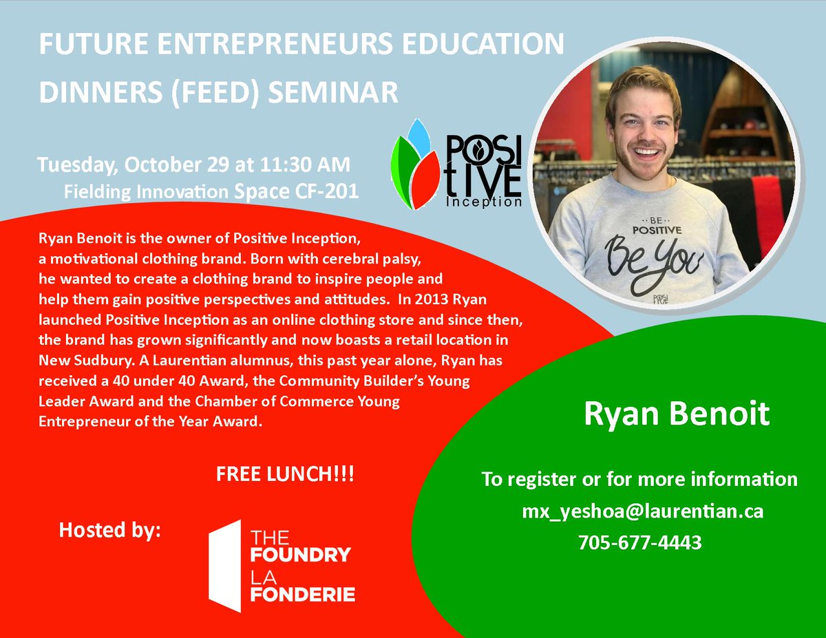 Join us on Tuesday October 29th in the Fielding Innovation Space as we host this year's FEED Seminar featuring <a href="/RyanBenoit93/">Ryan Benoit</a> of Positive Inception! Event starts at 11:30AM, and includes a FREE LUNCH!