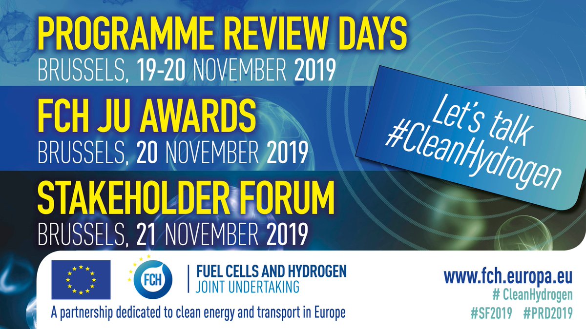 CleanHydrogenEU's tweet photo. Let's talk #CleanHydrogen  |  19-21 November |  
3 days-1 night to get the most of the hydrogen potential. Register to the Programme Review Days, Stakeholder Forum &amp; FCH JU Awards ▶️ https://t.co/R2ZQSWSmoP    
#PRD2019 #SF2019 #FCH_JU https://t.co/DVPun1CNaO
