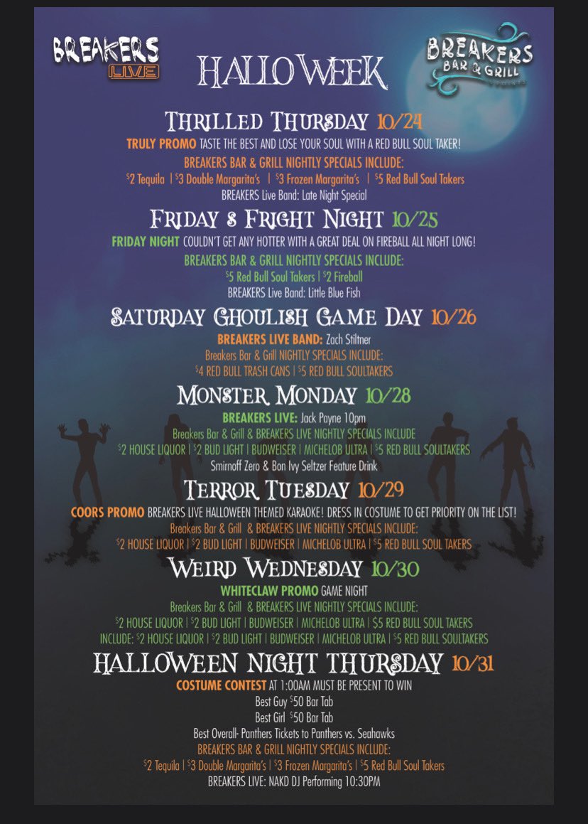 It’s back Halloweek will be in full effect starting tonight, see the flyer for events and specials and a chance to win awesome prizes this Halloween season.