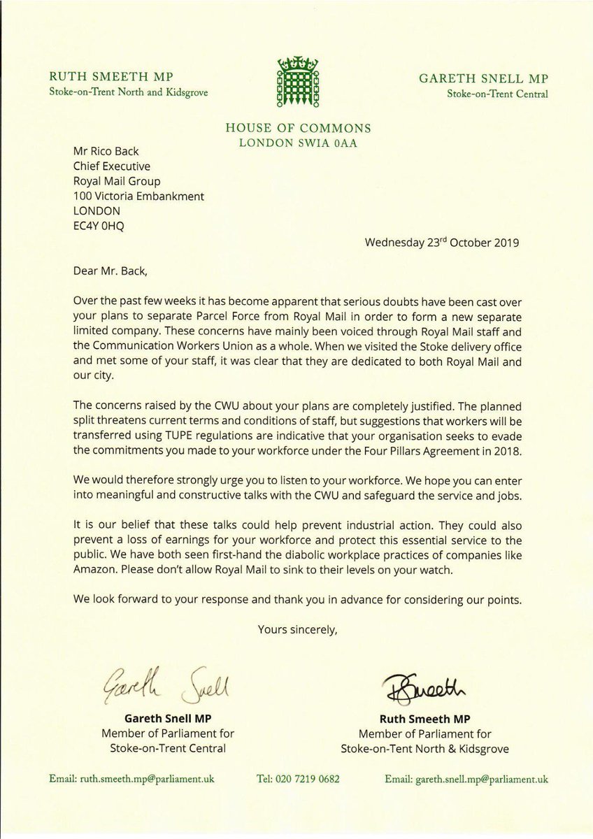 The <a href="/RoyalMailGroup/">Royal Mail Group</a> need to work constructively with <a href="/CWUnews/">CWU</a> to ensure the decision to separate Parcel Force from Royal Mail will not undermine clear commitments made to workers in 2018. Here's my joint letter with @RuthSmeeth to the CEO on this important issue: