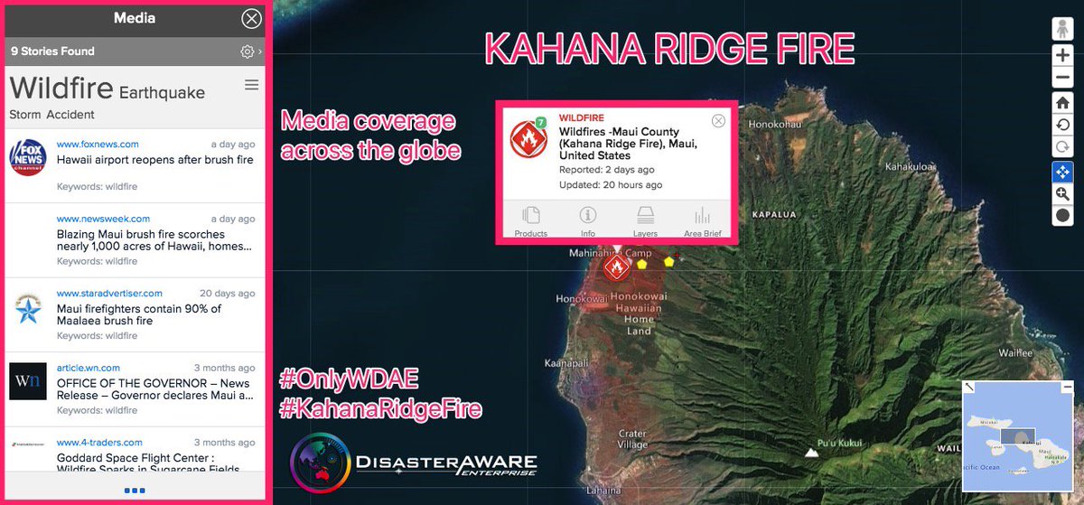 DisasterawareE's tweet photo. A #Wildfire #KahanaRidgeFire has been reported in Kahana, #Maui, #Hawaii, US. 45% of the fire is contained.
The mandatory evacuation orders have been cancelled. Affected areas include Kahana Airport and surrounding neighborhoods.
#Share2Help
try us free: https://t.co/5UyrusMKPU https://t.co/ZSwEDD1s30