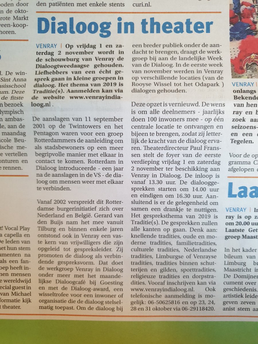 WilcovanderBas's tweet photo. Gratis theaterkaartjes in Venray: meld je aan bij de Dialoog-tweedaagse met thema Tradities. Via https://t.co/Cq7ekaCKQB https://t.co/TTuCOepL8Z
