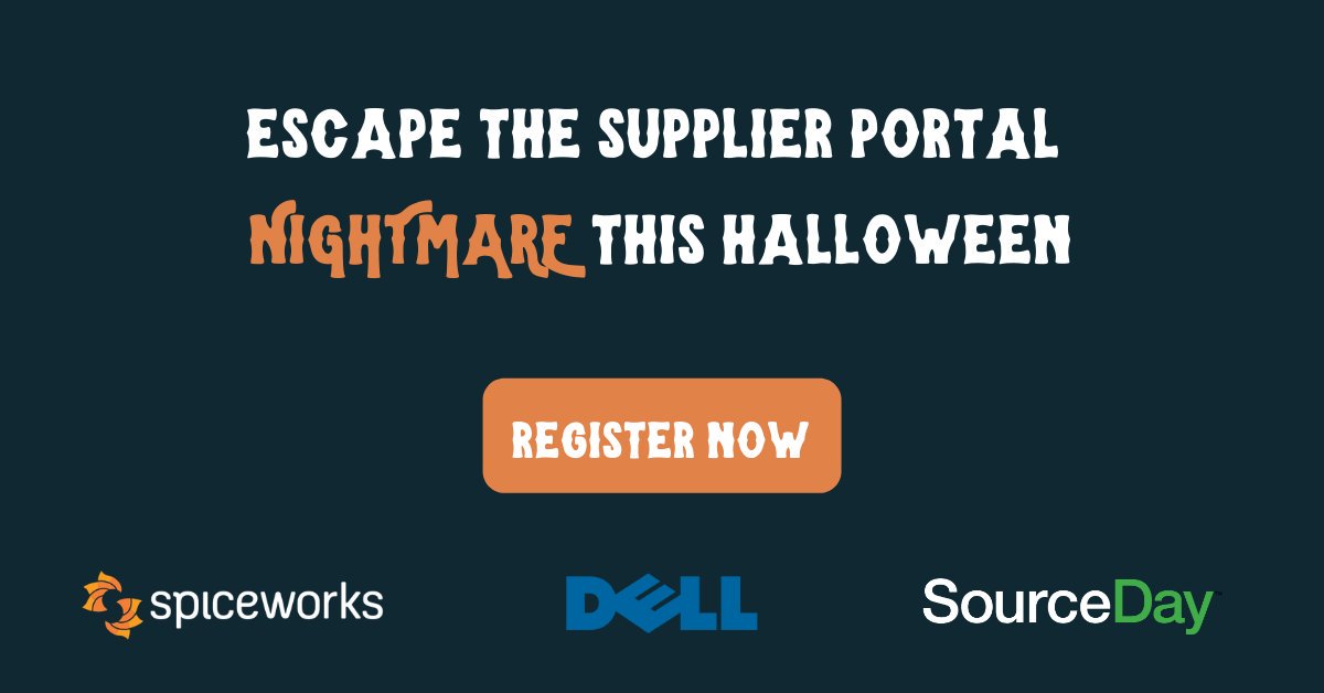 SourceDay's tweet photo. #SourceDay CEO and @Dell's Sr. Global Program Manager are teaming up for an upcoming #Spiceworks video meetup, βWhy Bad ERP Supplier Portals are a Nightmare for ITβ - Reserve your seat, if you dare! Register here: https://t.co/l6RmqexUQl https://t.co/XBSRCUCWPz