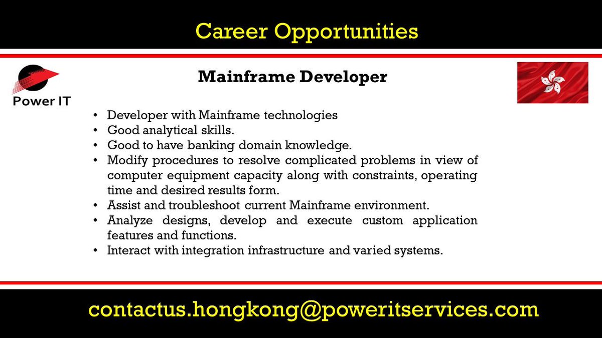 powerItHongkong's tweet image. We have an Excellent opportunity for Mainframe Developer in Hong Kong Location. Interested candidates, please send us your updated profile to contactus.hongkong@poweritservices.com
#mainframe #mainframes #mainframedeveloper #cobol #cics #db2 #hongkongjobs