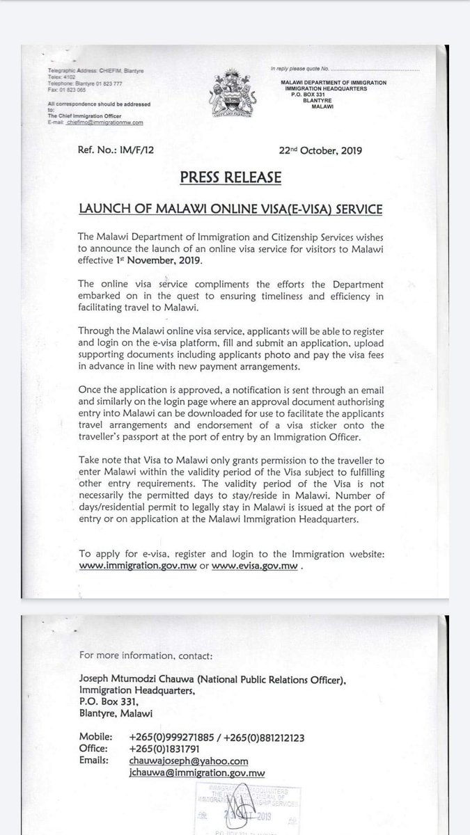 Press Release: Please take note of the  launch of the e-visa service in #Malawi 
<a href="/MwNewsAgency/">Malawi News Agency</a> <a href="/MarkBotomani/">Hon.Mark Botomani, MP</a>
