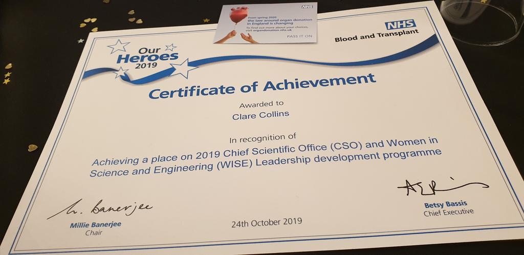 @thewisecampaign today I was recognised by @NHSBT for obtaining a place on the 2019 CSO WISE leadership programme. It's nice to feel supported #ourheros