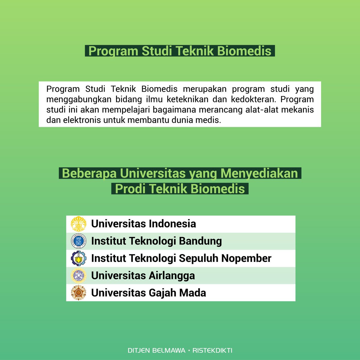 Kemdiktisaintek's tweet image. Halo #SobatBelmawa!

Buat kalian yang suka dengan elektro tapi juga suka kedokteran jangan bingung memilih jurusan kuliah. Karena ada jurusan yang merupakan gabungan dari kedua bidang tersebut, yaitu Teknik Biomedis. 

#Belmawa #Ristekdikti