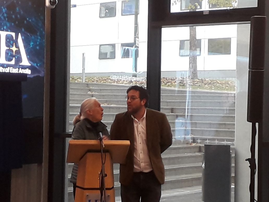 DrHelenJ's tweet photo. Dr Jane Goodall has arrived @uniofeastanglia to open the New Science Building (with Prof @Ben_garrod) https://t.co/rhGT6SGnKh