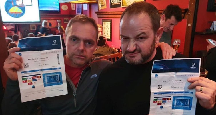 theawayfans's tweet image. Two Liverpool fans mistakenly went to GENT instead of GENK last night, nightmare. 🤦‍♂️

@KAAGent saw this on social media and have since invited them to their game against Wolfsburg in the Europa League tonight. Nice gesture. 👏