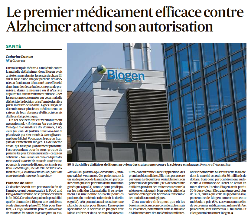 PatCampagnolo's tweet photo. Le premier médicament efficace contre Alzheimer attend son autorisation.
LES ECHOS 24/10/2019
#Alzheimers https://t.co/RUa96iRCIU