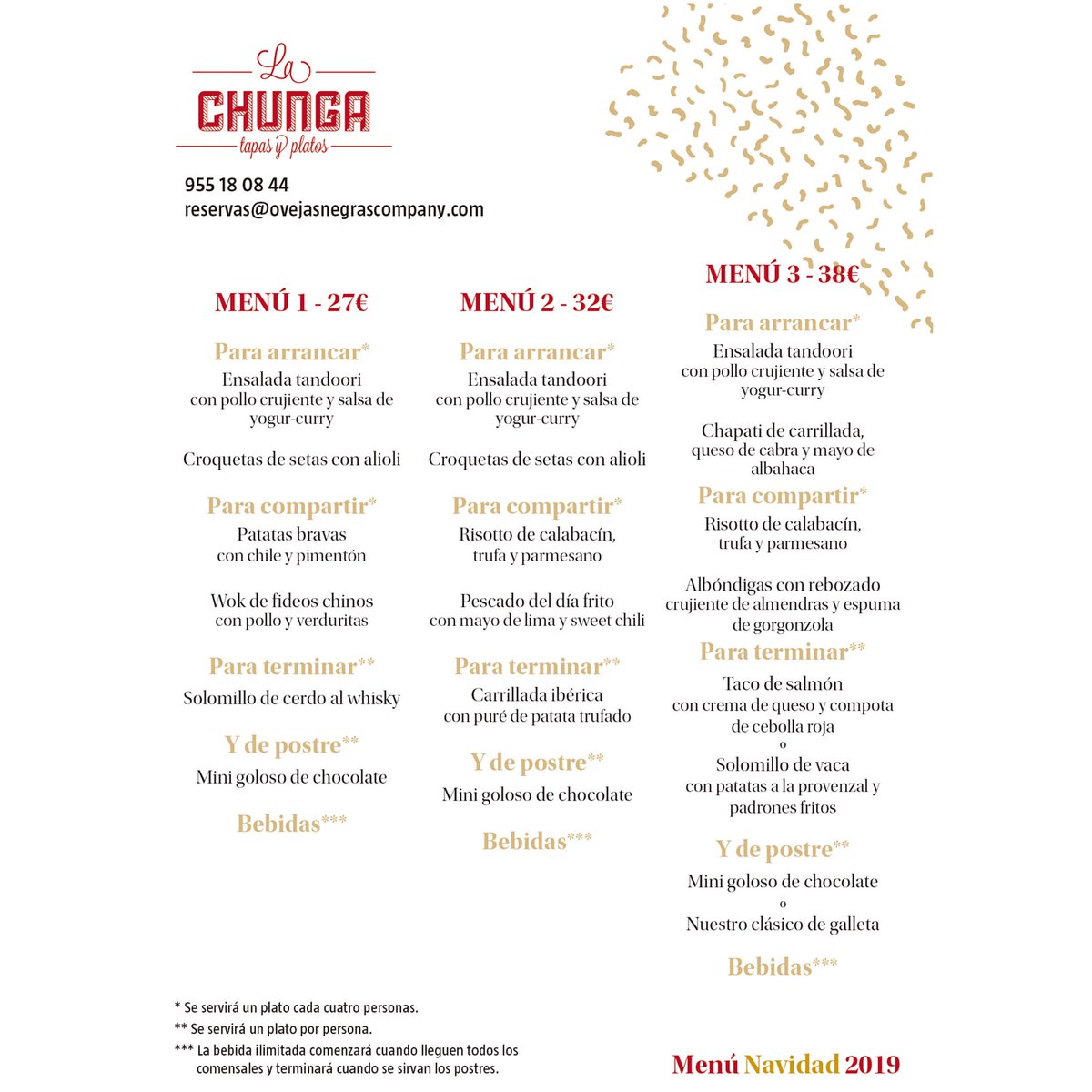 Fiestas y buen rollo. Si de algo sabemos, es de celebrar entre tapas. Reserva ya tu menú de navidad en La Chunga.
#sevillahoy #navidad #comerensevilla #restaurante