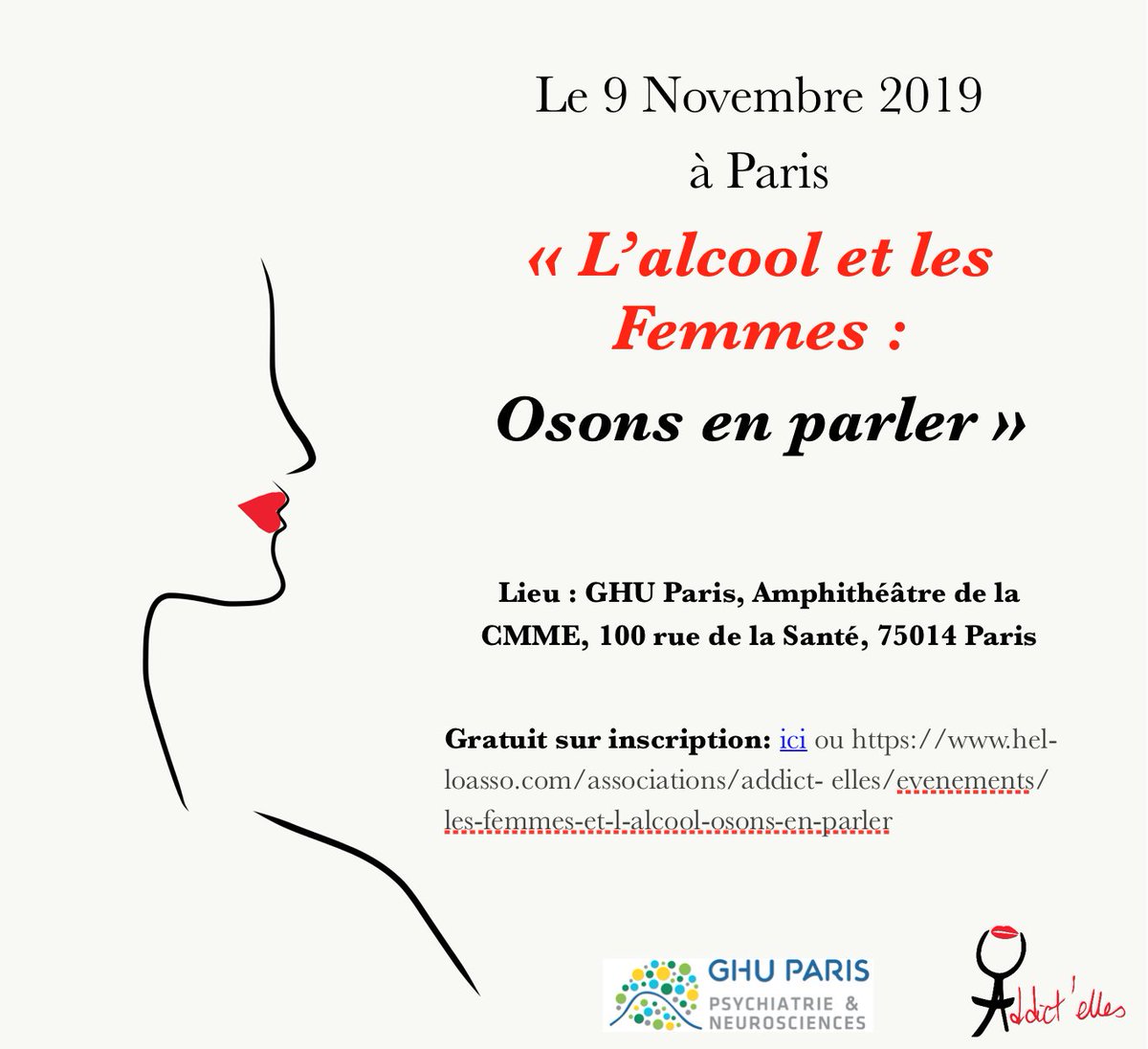 GhuParis's tweet image. [#ÉVÉNEMENT] L'#alcool et les femmes : osons en parler
Journée de sensibilisation et de prévention de l’alcool au féminin organisée par l'association @AddictElles @fbdlm

Grand Amphitéâtre du #GHUParis
1 rue Cabanis - 75014 Paris
Inscription &amp;gt; lnkd.in/dCuEapw