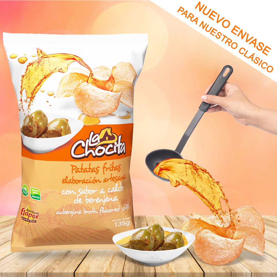 ApFlaper's tweet image. Renovamos uno de nuestros auténticos clásicos con una nueva imagen pero manteniendo su sabor de siempre!!🧡😋 #Flaper #Lachocita #Patatas #artesanas #caldo #berenjena